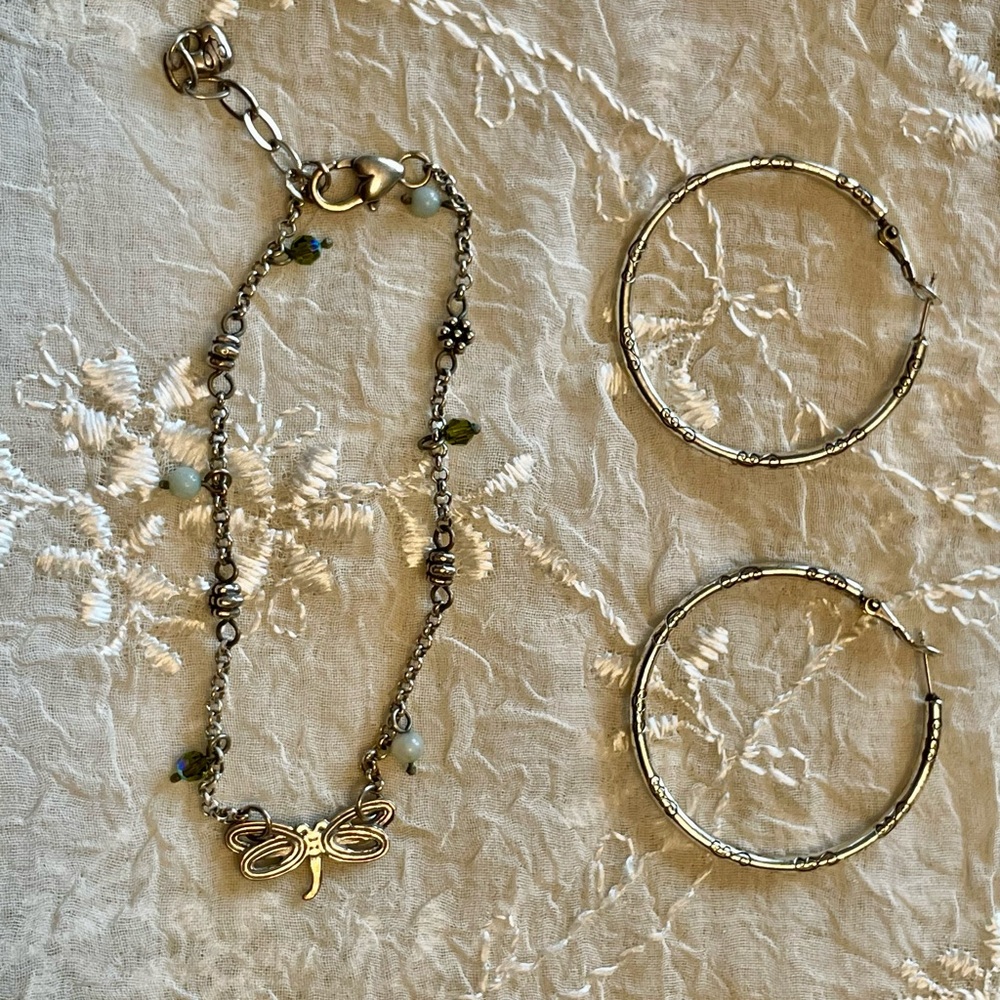 Brighton Silver Dragonfly Anklet with Brighton Hoop Earrings 1.5” diameter.